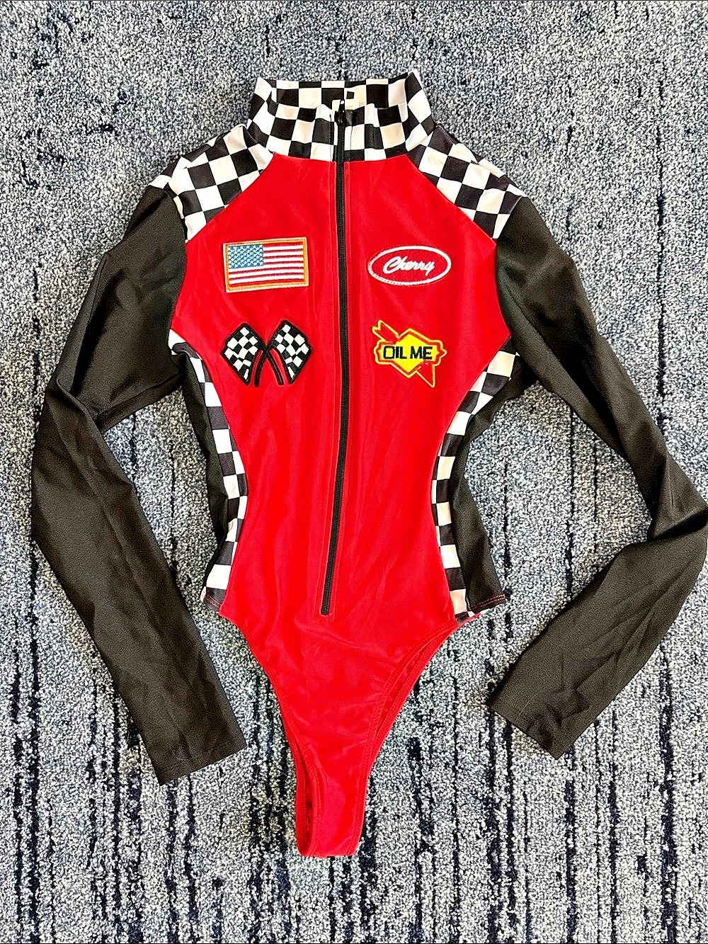 Racing Checkered Bodysuit in Red & Black Excellent Condition